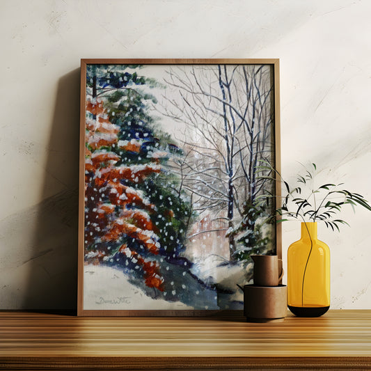 Winter Landscape Painting Art Print Snow Falling in a Forest