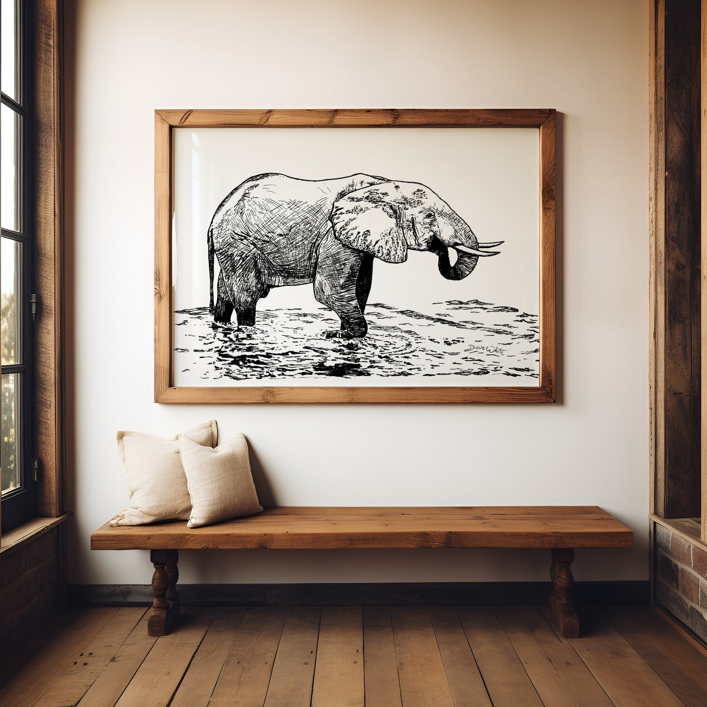 Elephant Drawing Art Print Black and White