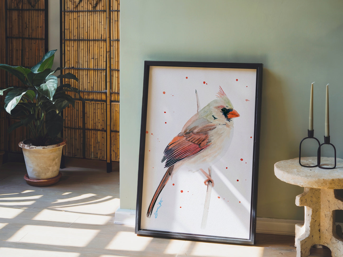 Female Red Cardinal Bird Watercolor Painting Art Print