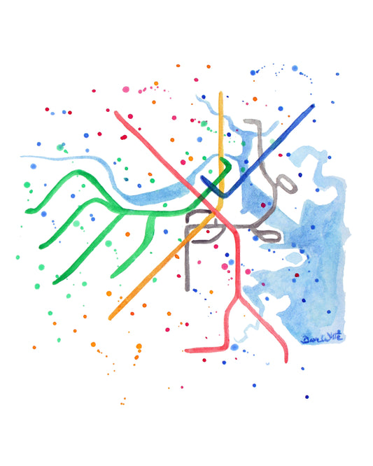 Boston T Rail Map Art Print Watercolor Painting MBTA