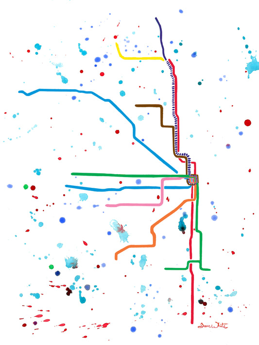 Chicago L Train Map Art Print Watercolor Painting