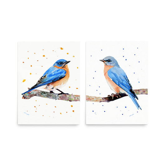 Eastern Bluebirds Set of Two Watercolor Painting Art Prints