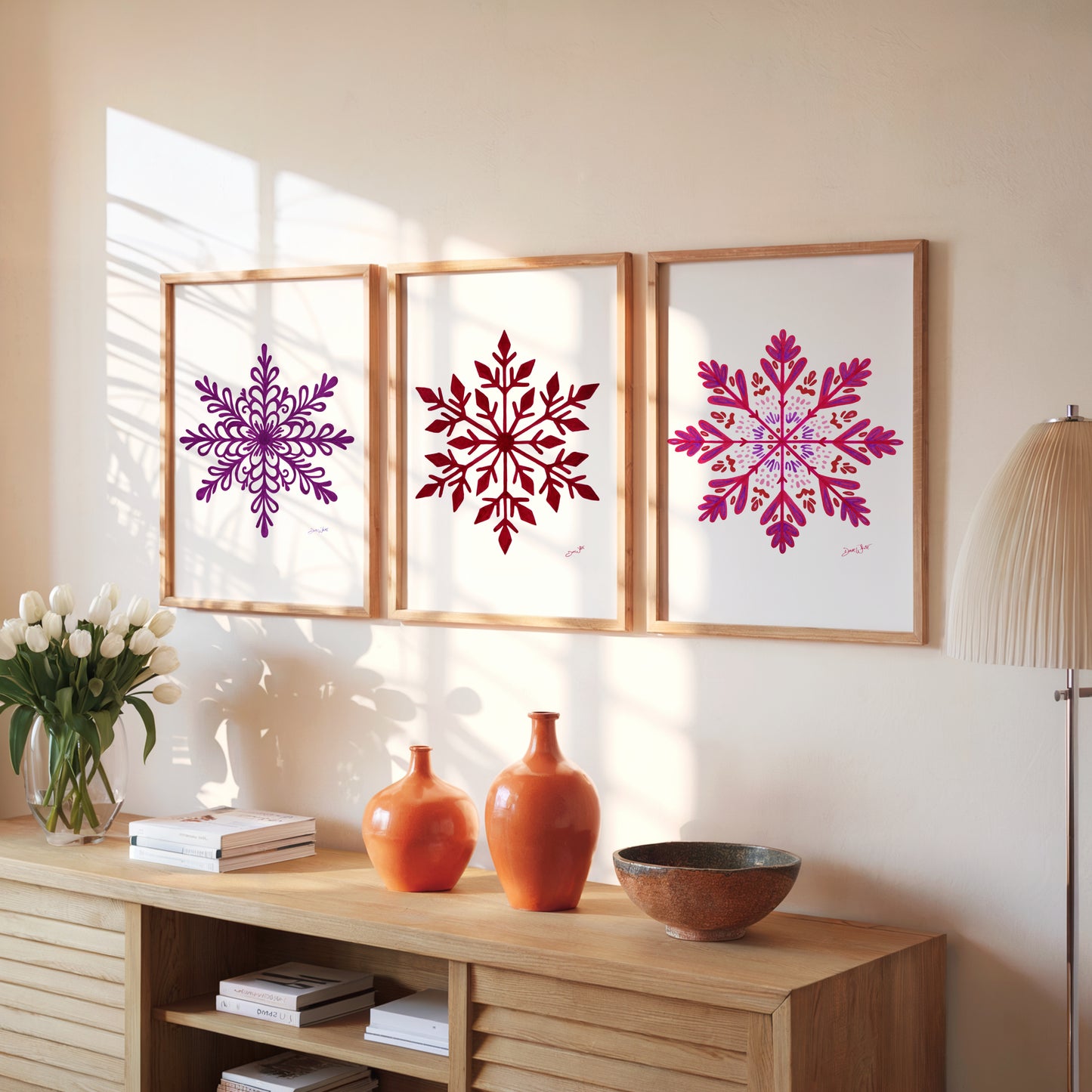 Snowflake Art Prints Set of 3 Purple Pink Red