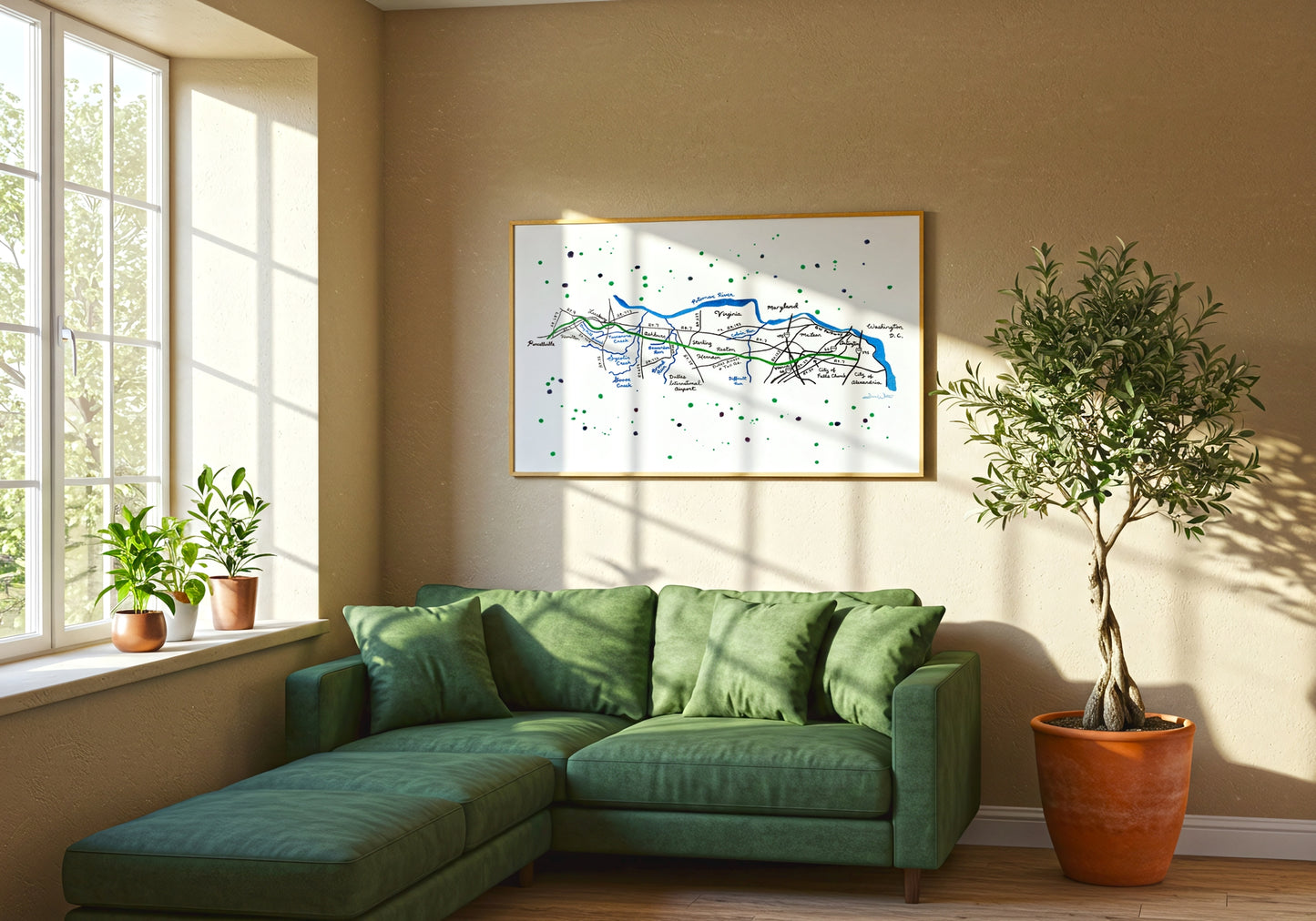 W&OD Trail Map Watercolor Painting Art Print