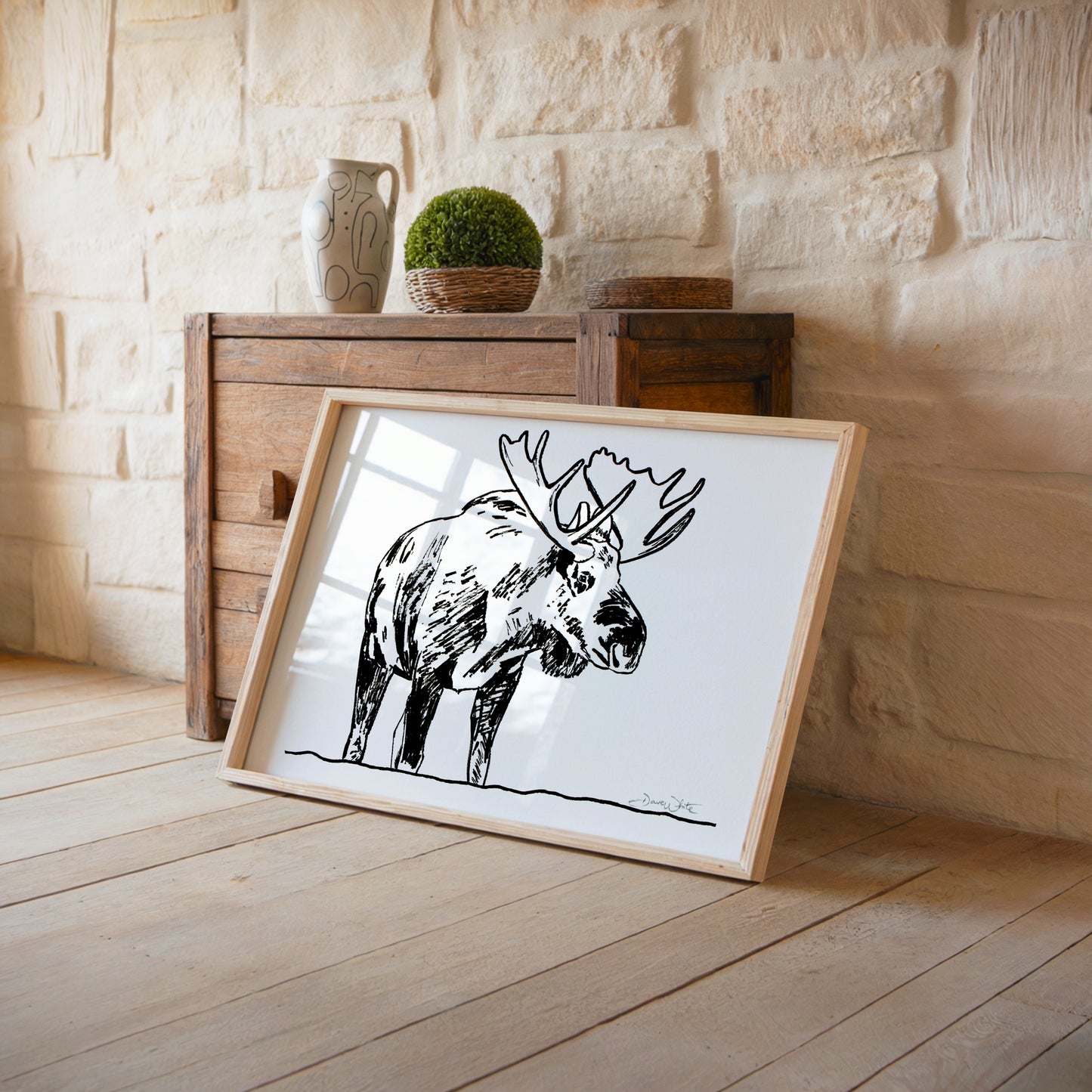 Moose Drawing Black and White Art Print
