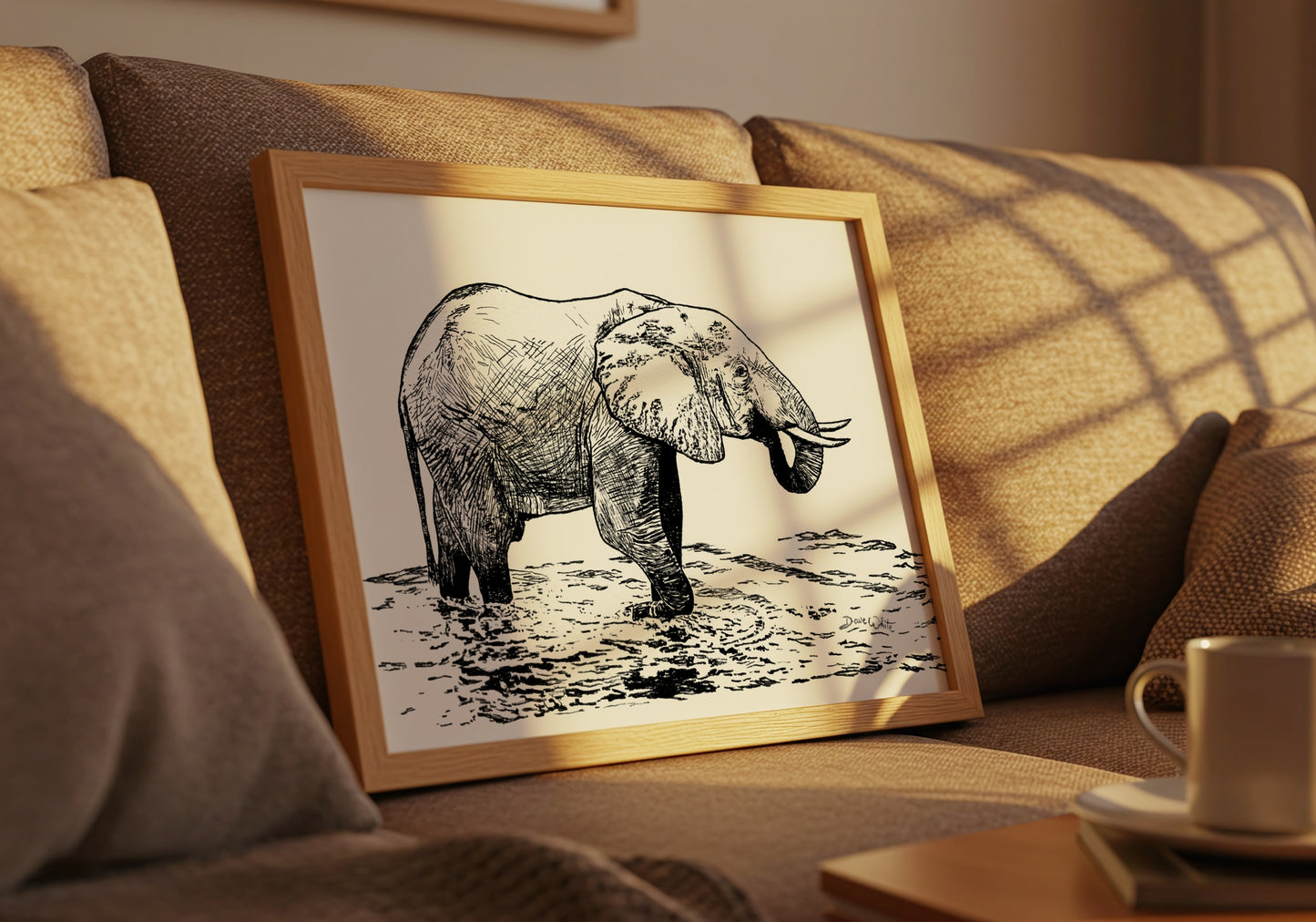 Elephant Drawing Art Print Black and White