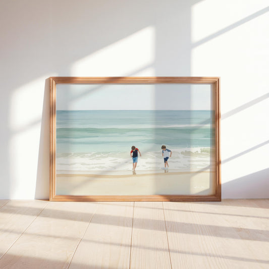 Brothers on Beach Art Print Digital Download Coastal Sea Artwork
