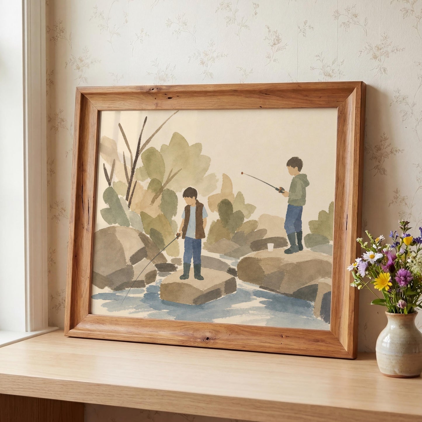 Boys Fishing in Creek Art Print (Digital Download) Forest Landscape Watercolor