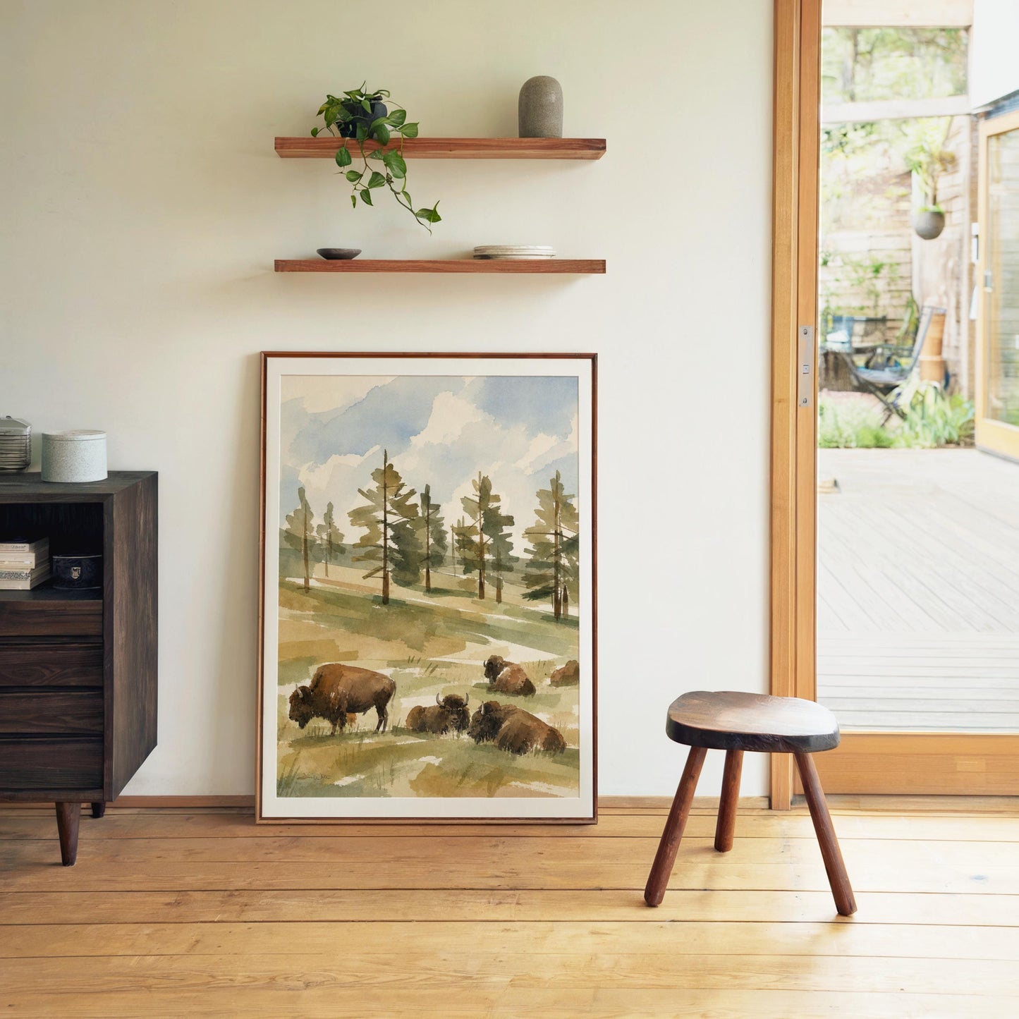 Bison Watercolor Art Western Pine Trees Landscape (Digital Download - Vertical)
