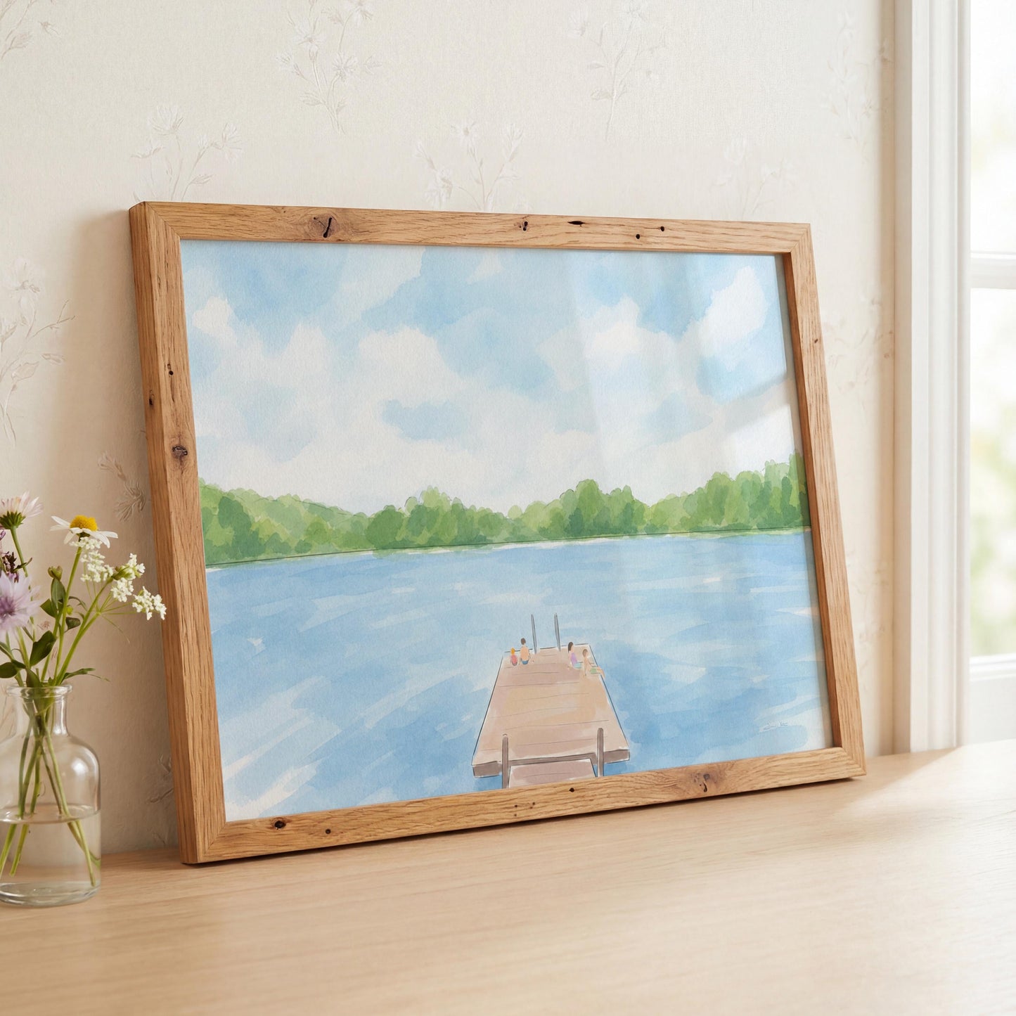 Summer Lake Dock Watercolor Painting Art Print (Digital Download - Horizontal)