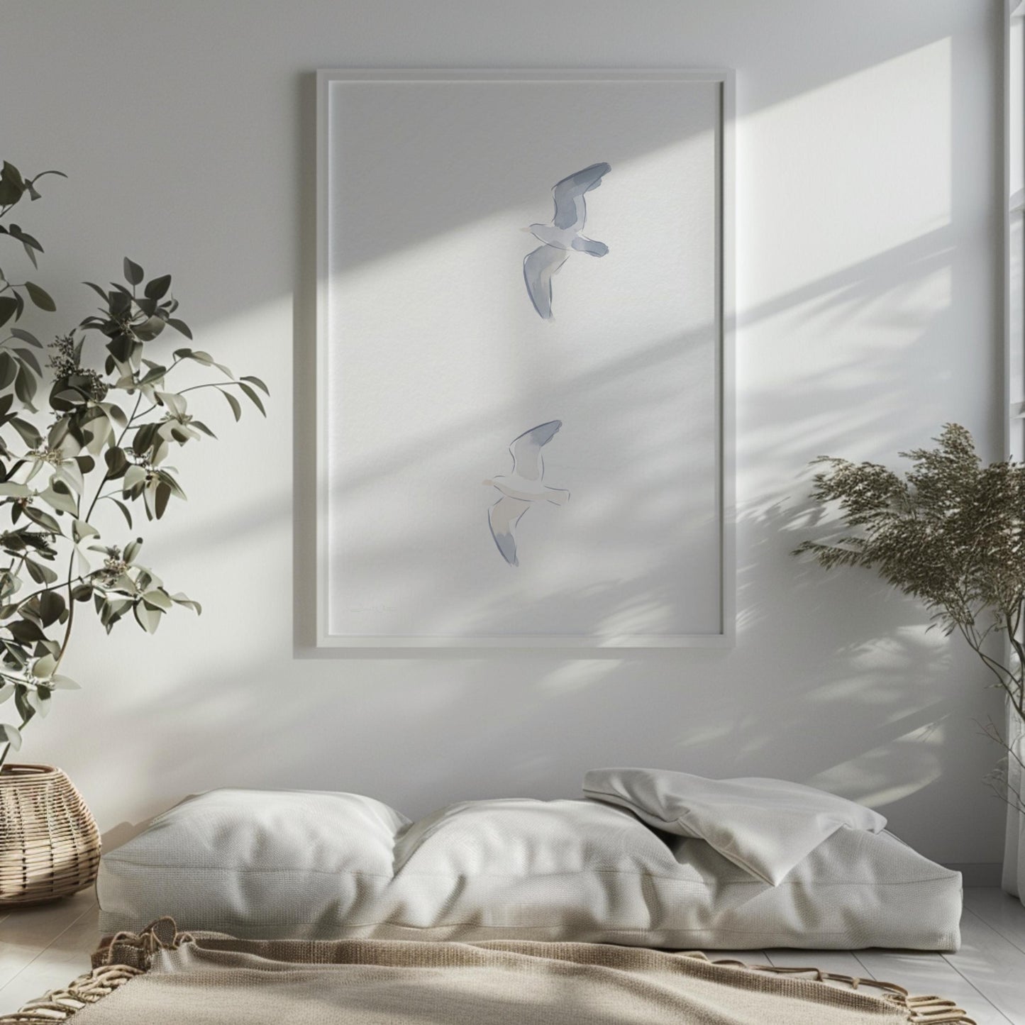 Two Seagulls Art Print Minimalist Soft Neutral Beach Wall Art (Digital Download)