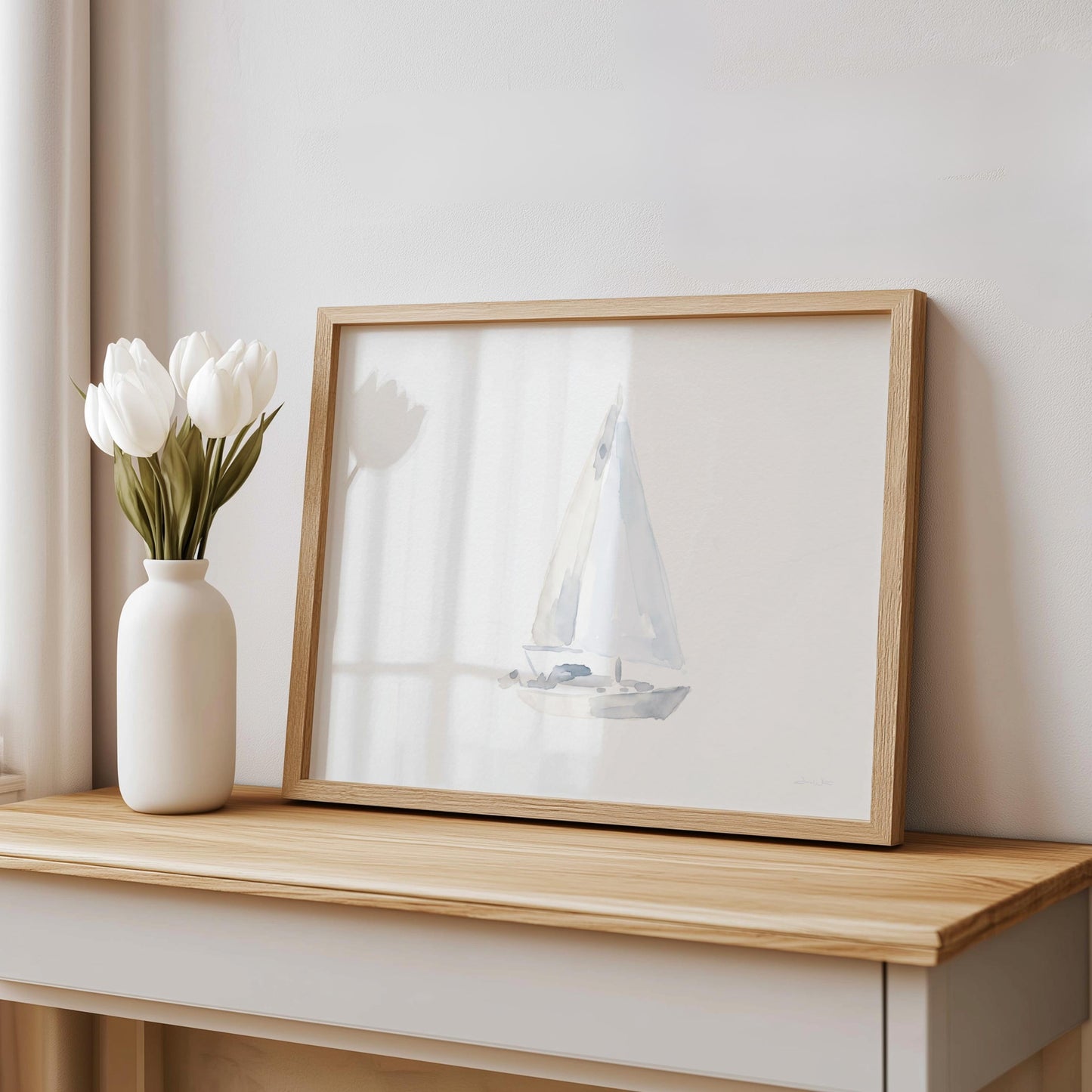 Sailboat Watercolor Art Neutral Seascape (Digital Download - Horizontal)