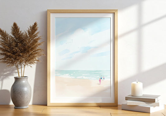 Kids and Seagulls Childhood Beach Art (Digital Download)