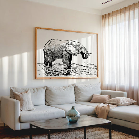 Elephant Drawing Art Print Black and White