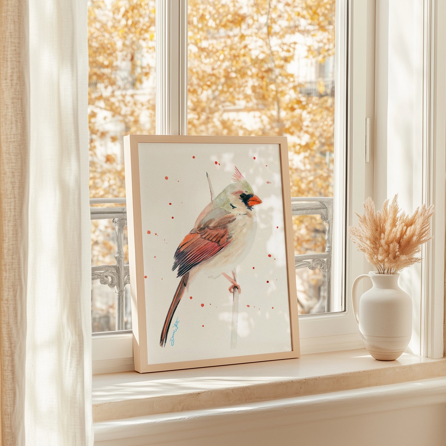 Female Red Cardinal Bird Watercolor Painting Art Print