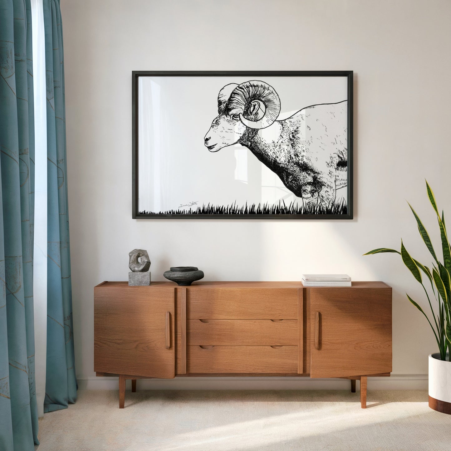 bighorn sheep drawing black and white by artist dave white