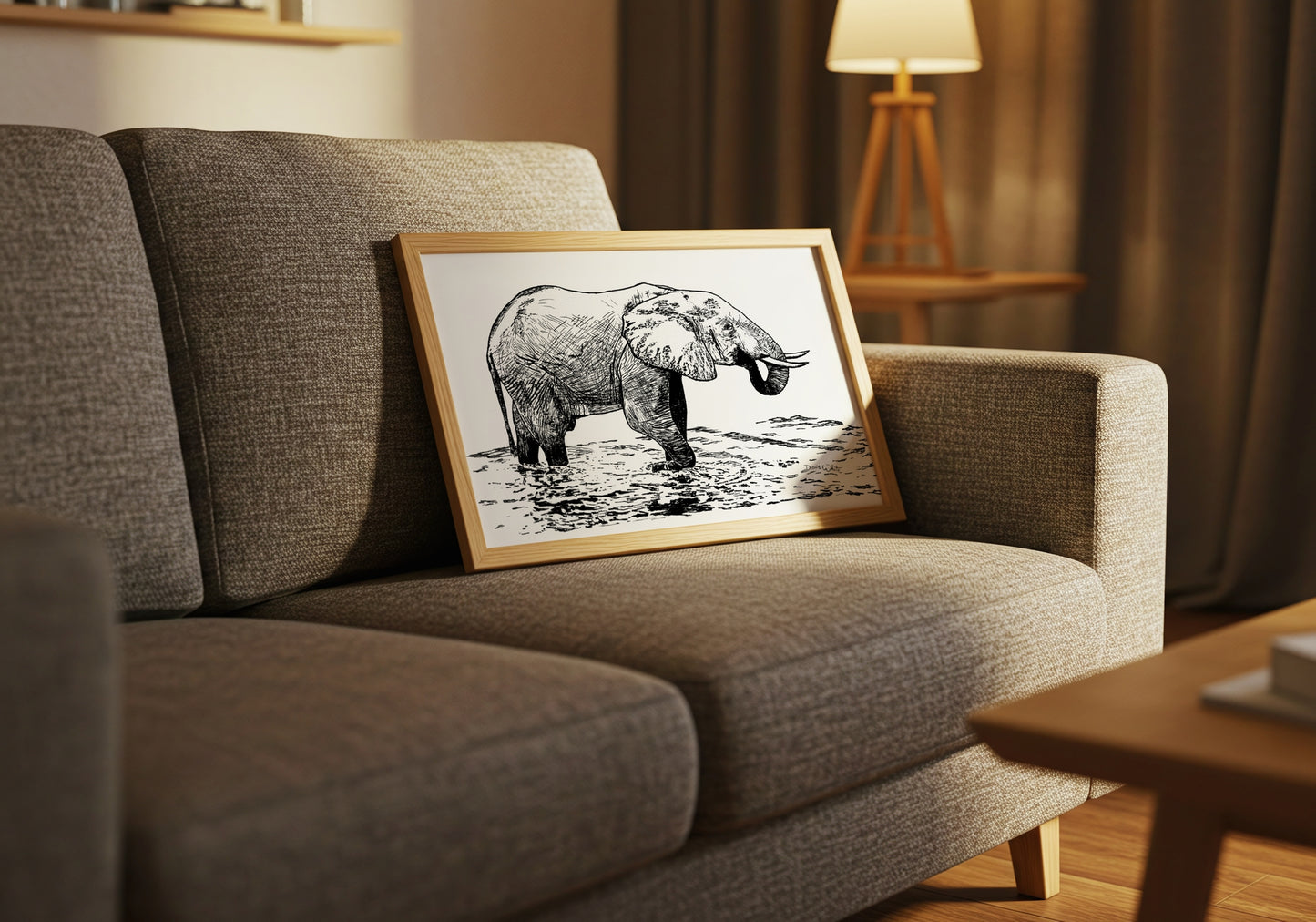 Elephant Drawing Art Print Black and White