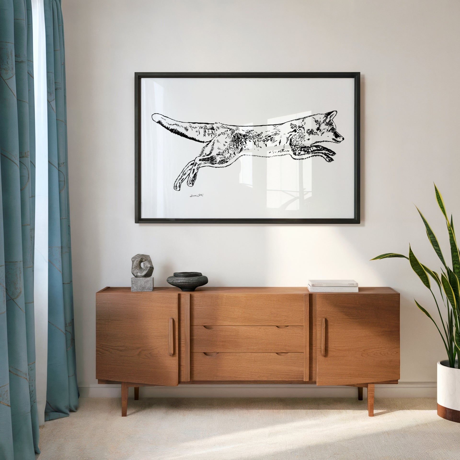 Fox Drawing Art Print Black and White Artist Dave White