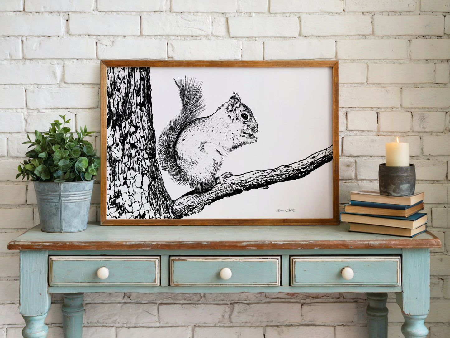 Squirrel Artwork Black and White by Artist Dave White