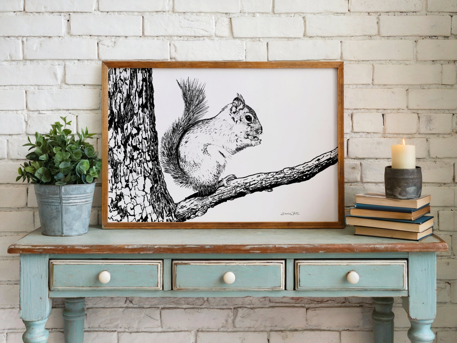 Squirrel Artwork Black and White by Artist Dave White