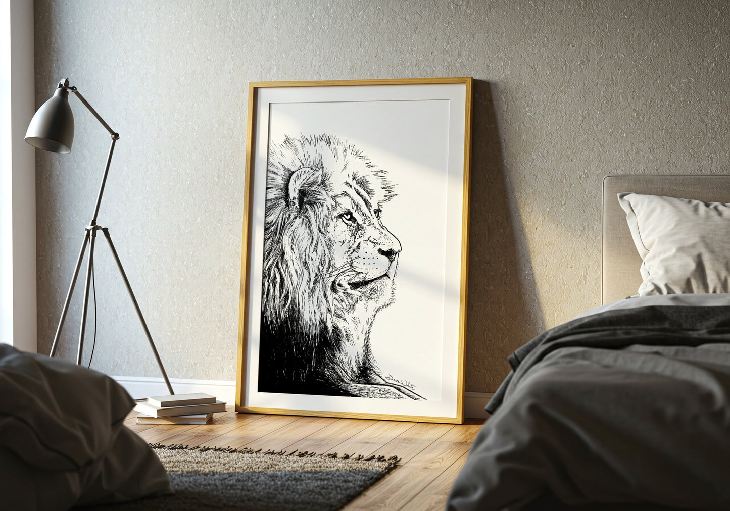 Lion Framed Drawing Black and White by Artist Dave White
