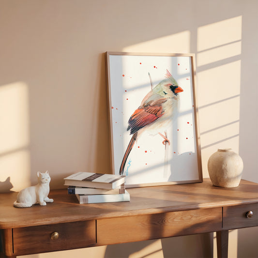 Female Red Cardinal Bird Watercolor Painting Art Print