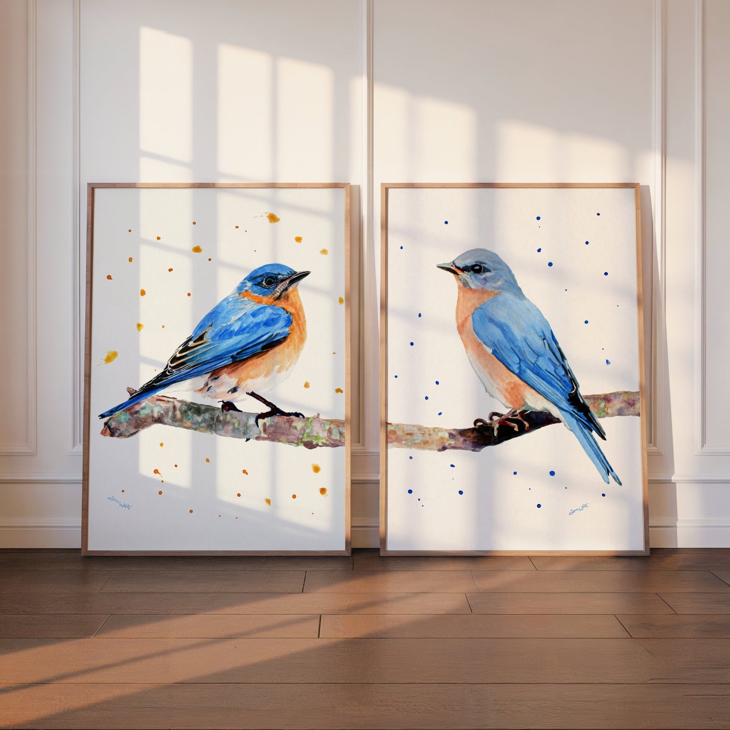 Set of Two Male and Female Eastern Bluebirds Watercolor Art Prints