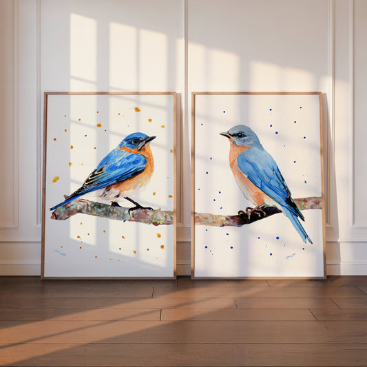 Set of Two Male and Female Eastern Bluebirds Watercolor Art Prints