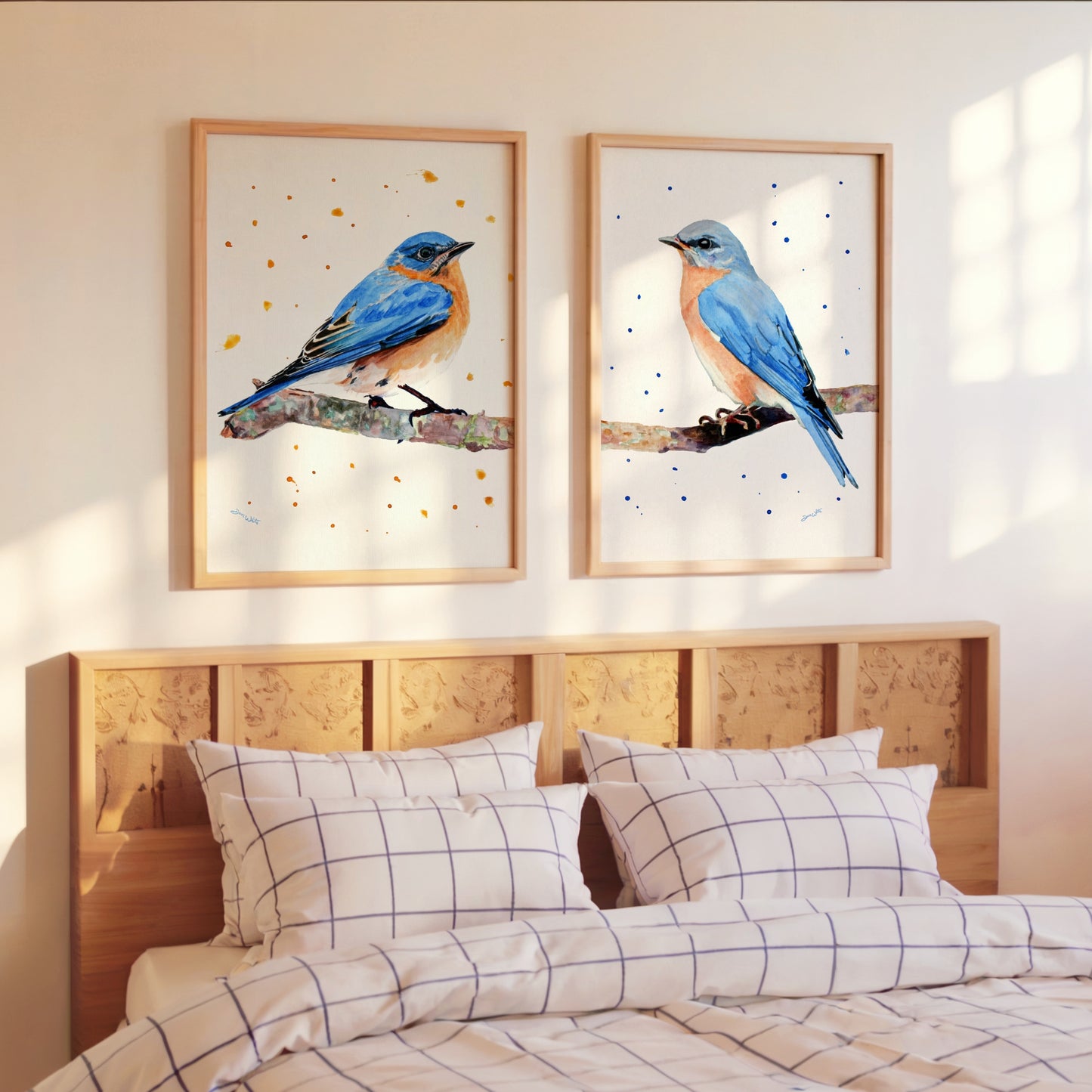 Set of Two Male and Female Eastern Bluebirds Watercolor Art Prints
