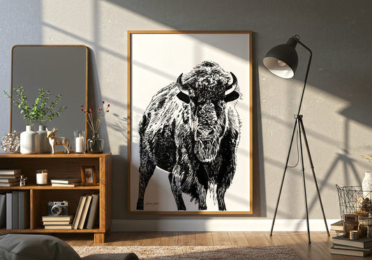 Bison Drawing Black and White Artist Dave White