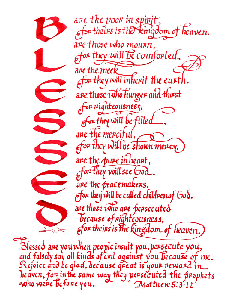Blessed Bible Verse Calligraphy Art Print Matthew 5 3-12 Beatitudes Christian Artwork