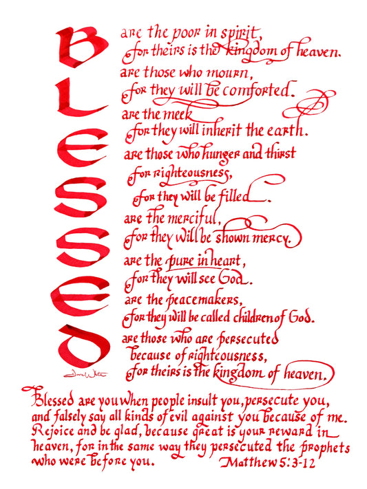 Blessed Bible Verse Calligraphy Art Print Matthew 5 3-12 Beatitudes Christian Artwork