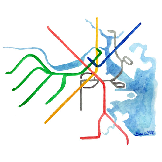 Boston T Rail Map Art Print Watercolor Painting MBTA