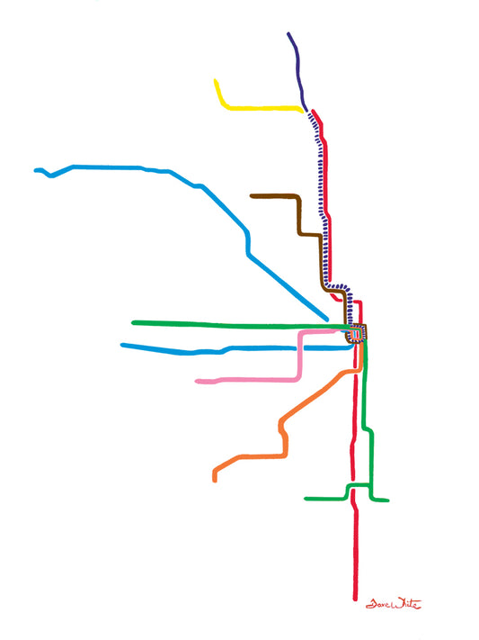 Chicago L Train Map Art Print Watercolor Painting