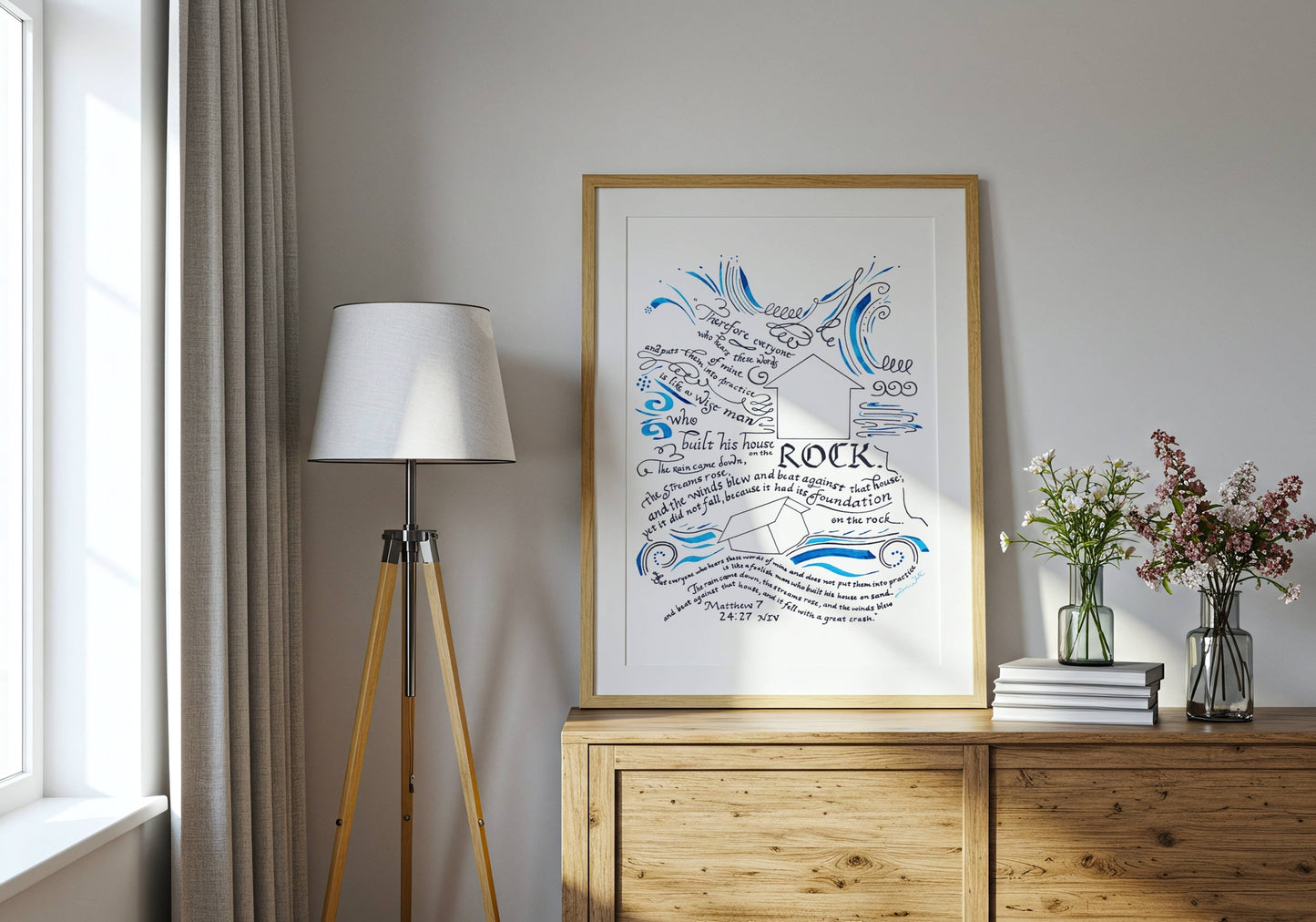 Christian Bible Calligraphy Art Wise and Foolish Builders