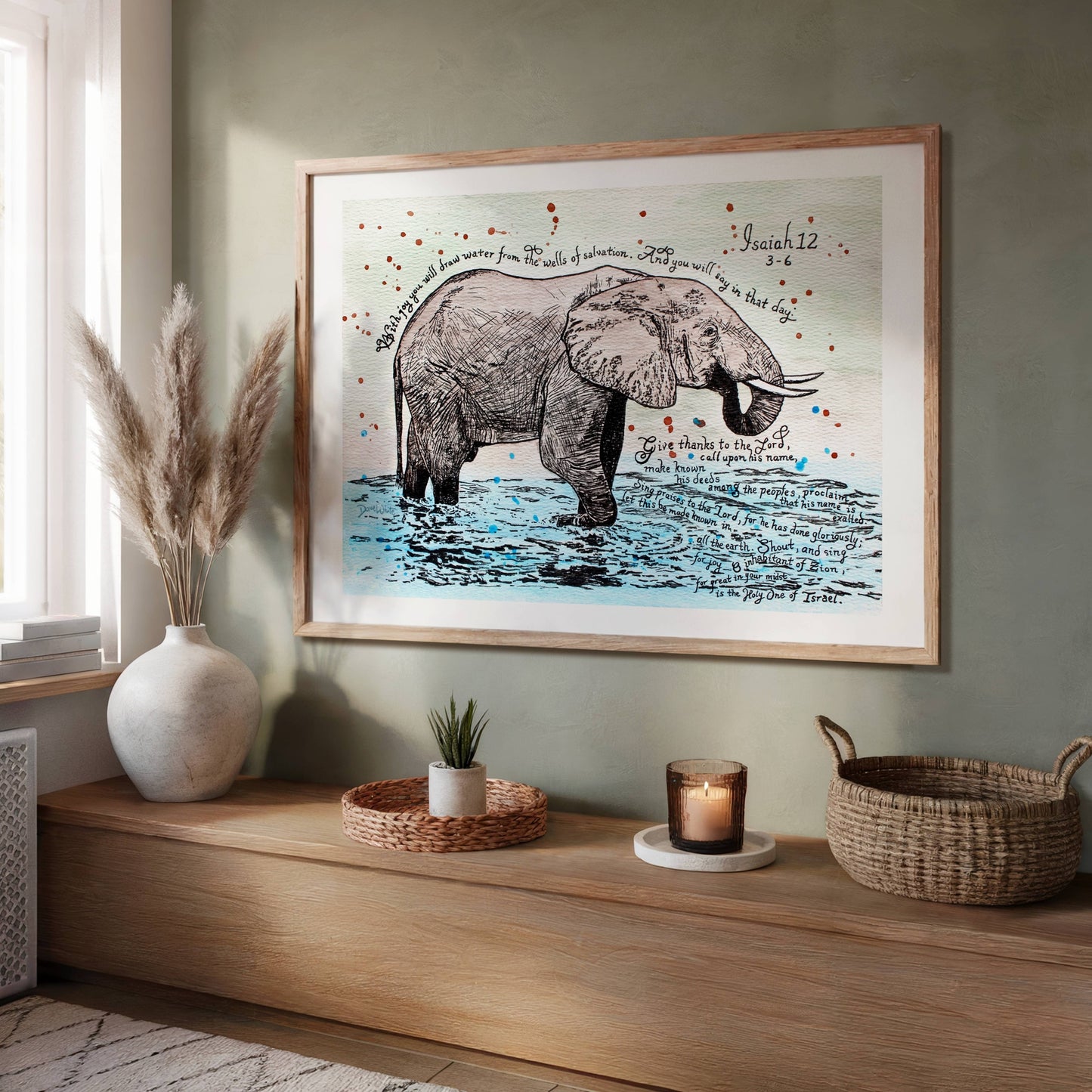 Christian Wall Art Isaiah 12 3 6 Elephant Watercolor Painting