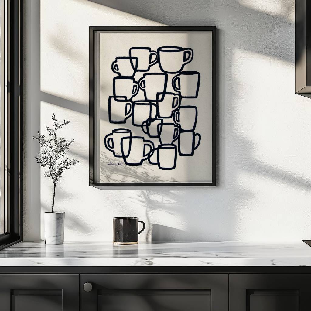 Coffee Cups Printable Abstract Kitchen Art Neutral Hand-Drawn