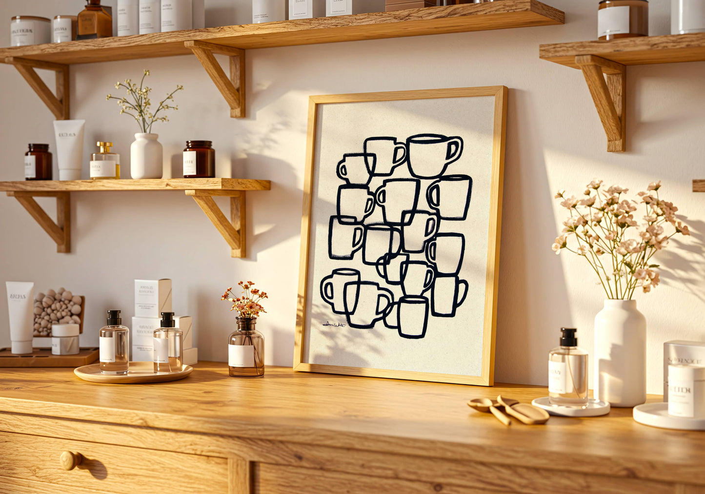Coffee Cups Printable Abstract Kitchen Art Neutral Hand-Drawn