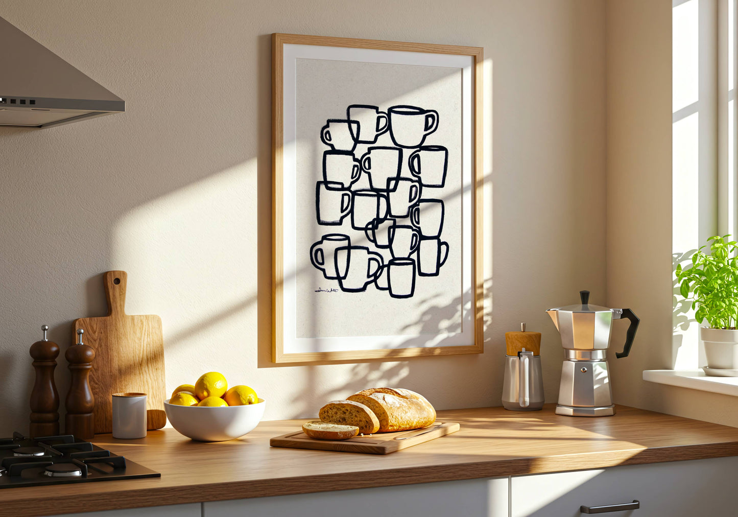 Coffee Cups Printable Abstract Kitchen Art Neutral Hand-Drawn