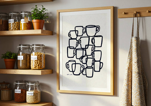 Coffee Cups Printable Abstract Kitchen Art Neutral Hand-Drawn