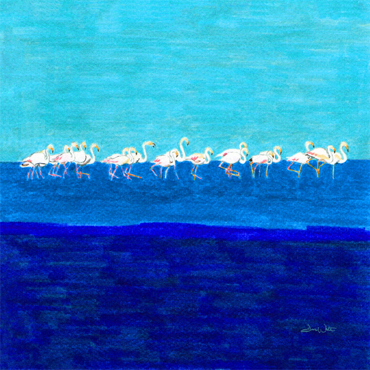 Flamboyance of Flamingos Art Print Blue and Pink