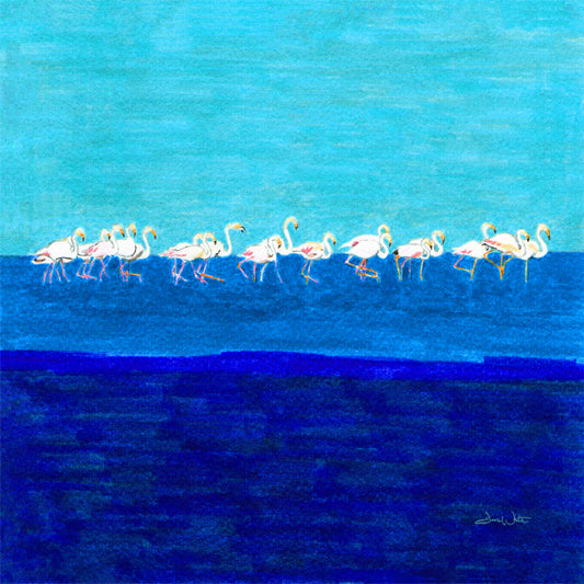 Flamboyance of Flamingos Art Print Blue and Pink