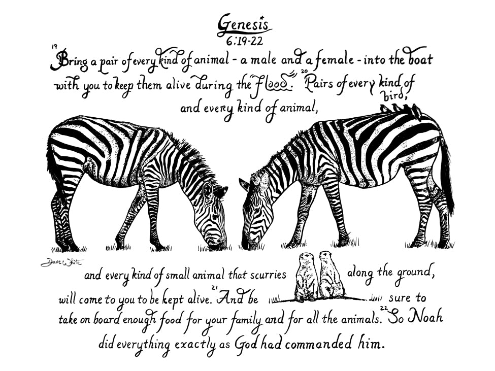 Genesis 6 19-22 Animal Art Zebras Bible Verse Calligraphy Noah's Ark