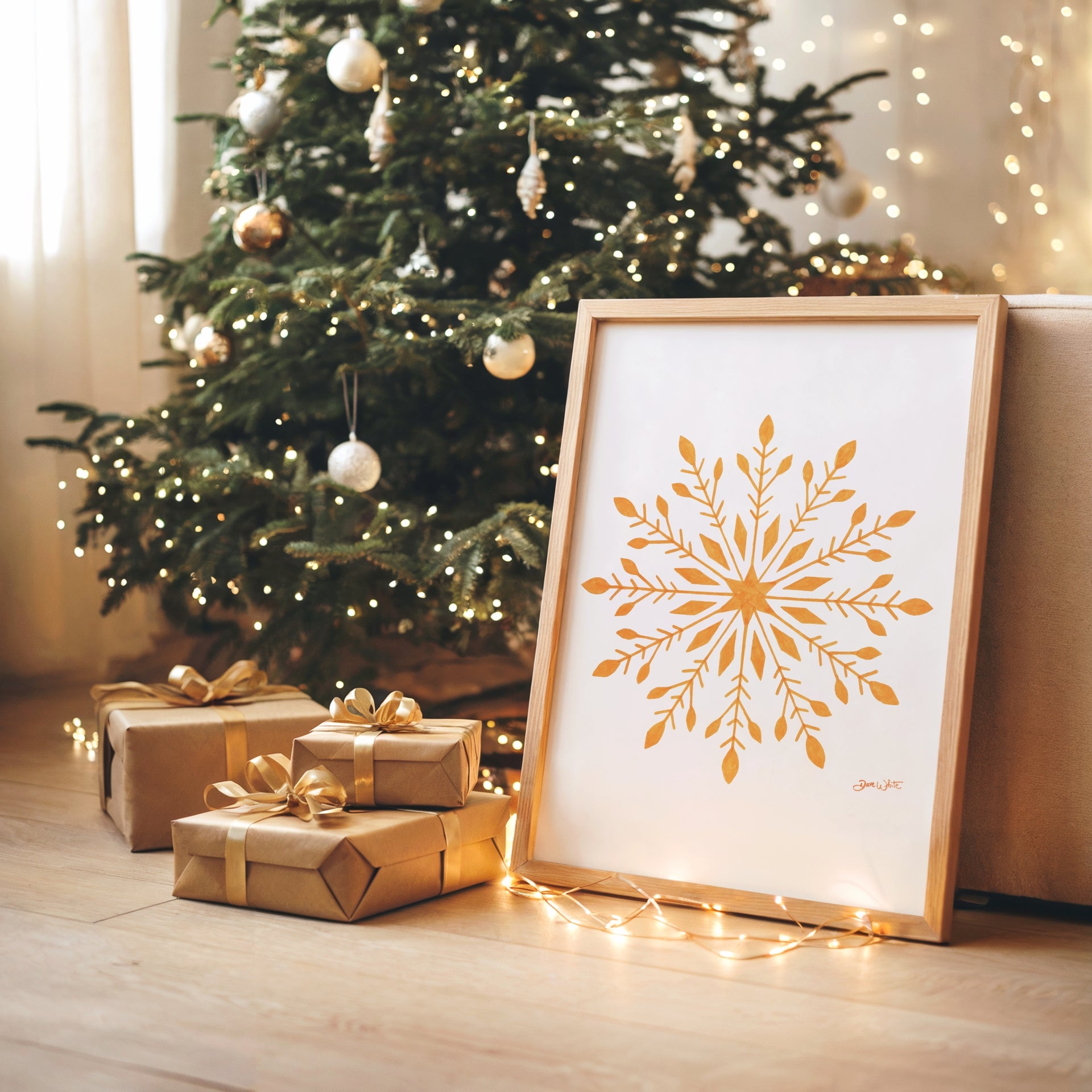 Gold Snowflake Art Print Framed