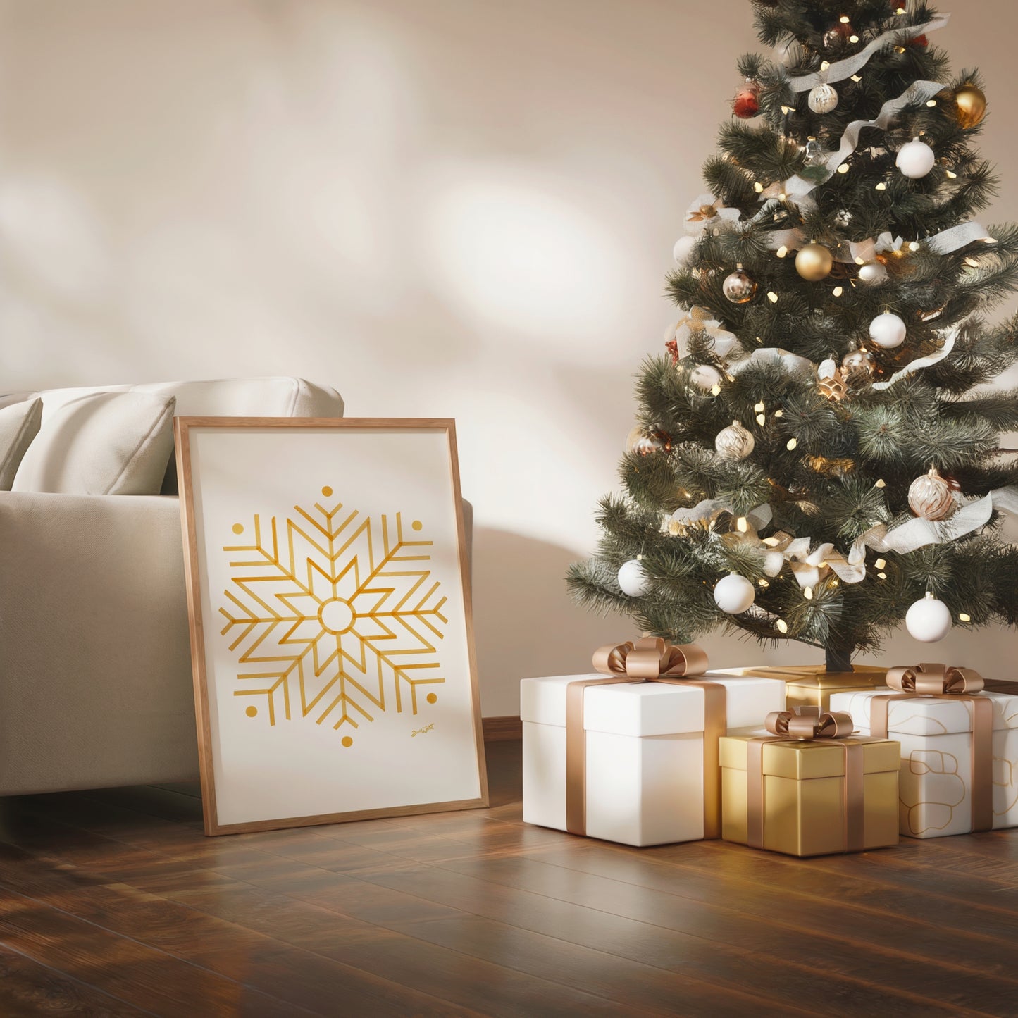 Gold Snowflake Christmas Art Framed