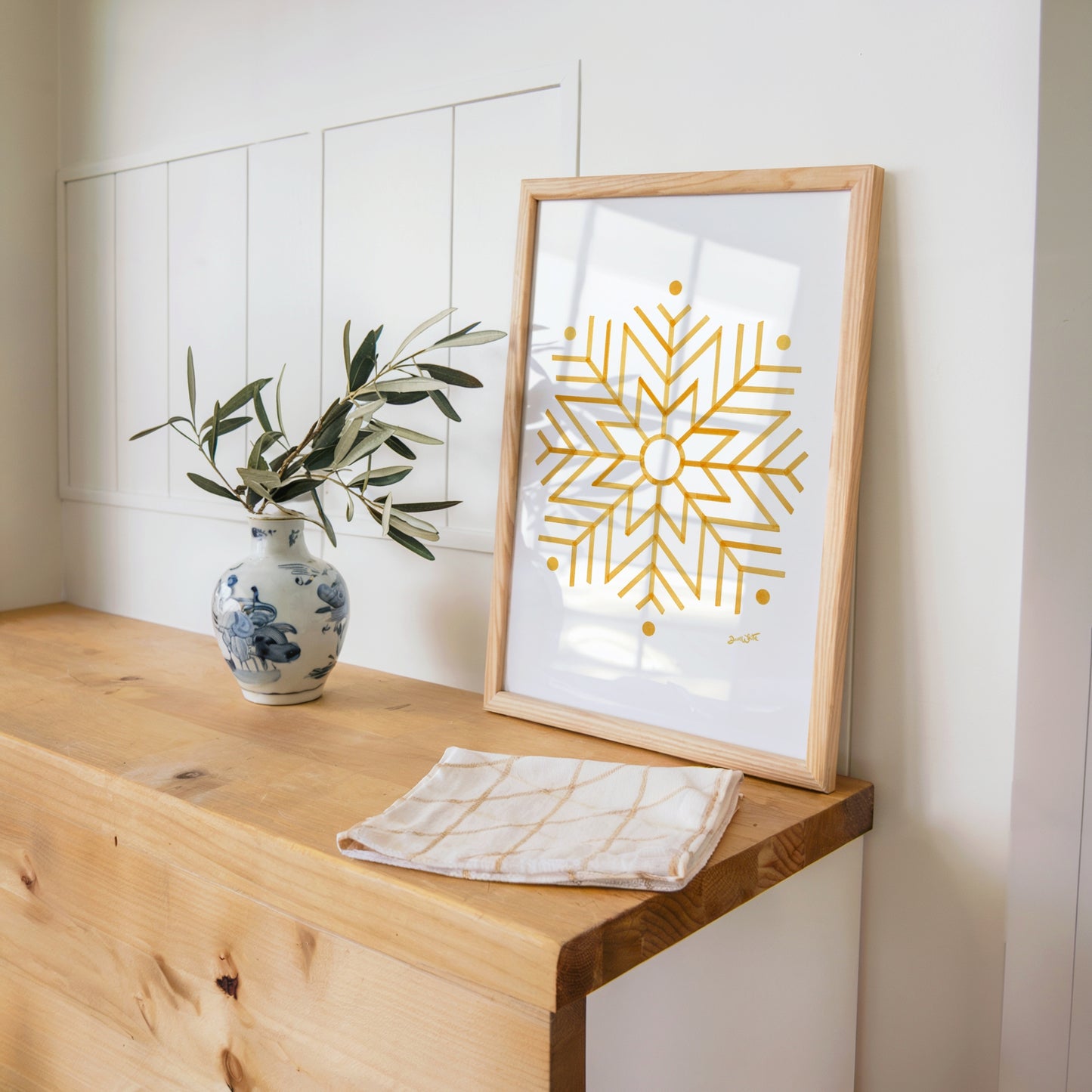 Gold Star Snowflake Art Framed