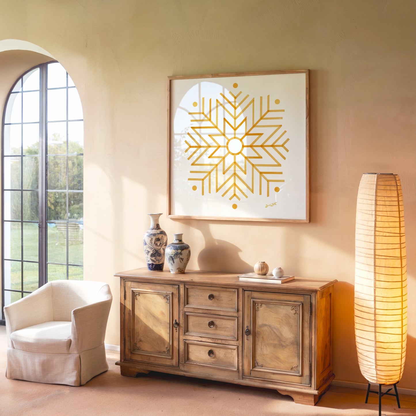 Gold Star Snowflake Wall Art Print Framed