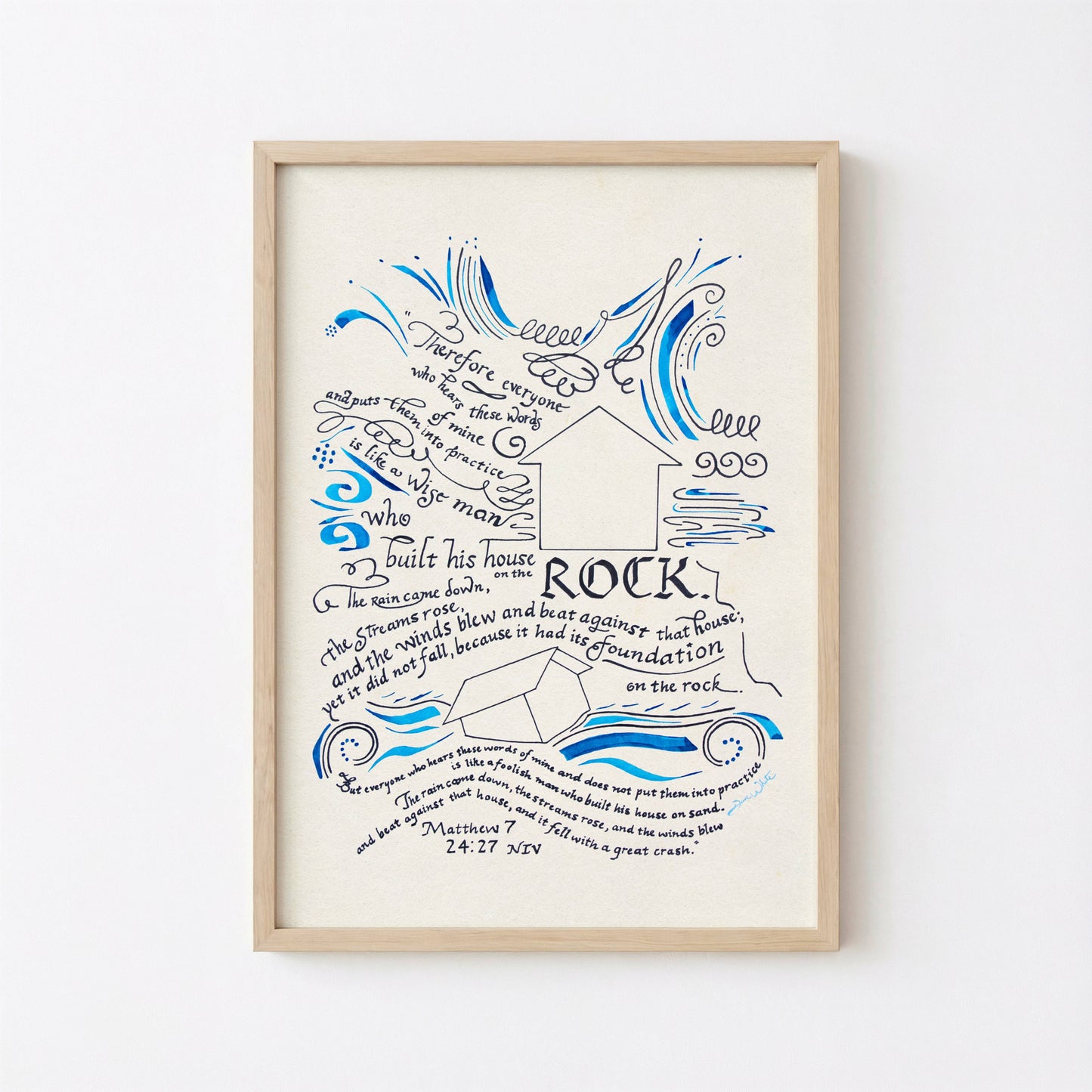 The Wise and Foolish Builders BIble Verse Calligraphy Wall Art