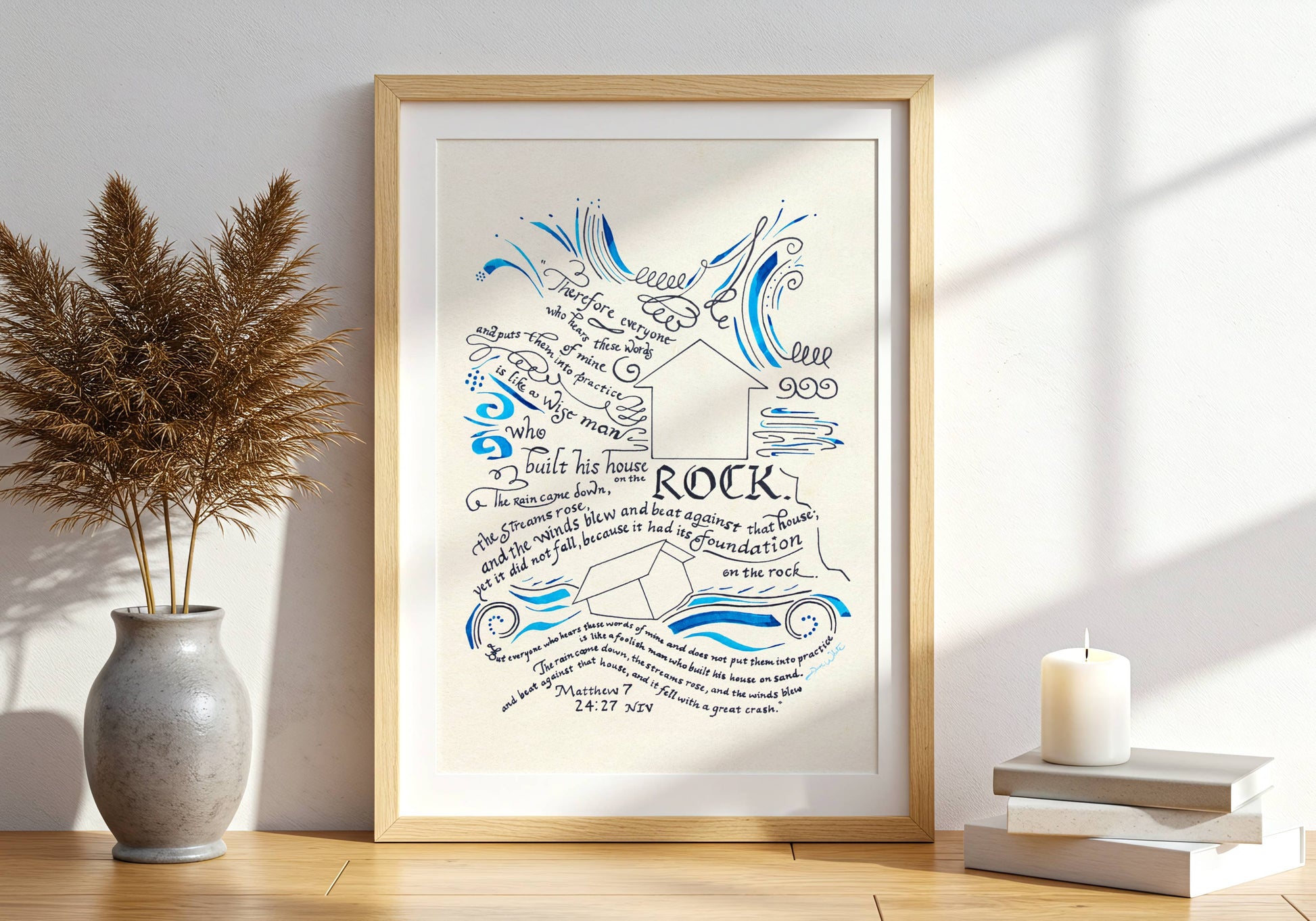 Bible Verse Calligraphy Art Matthew 7:24-27 Printable Christian Artwork