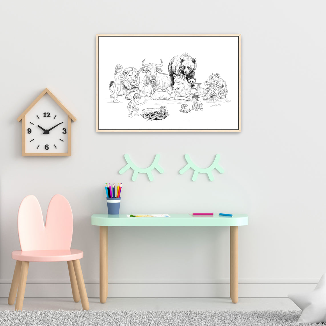 Christian Framed Canvas Art Isaiah 11:6-8 Animals and Children